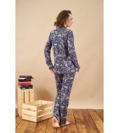 PJS 21804 Kadın Yakalı Düğmeli Desenli Cepli Pijama Takım