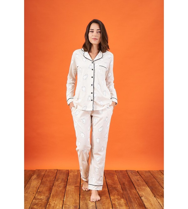 PJS 21810 Kadın Düğmeli Desenli Yakalı Pijama Takım