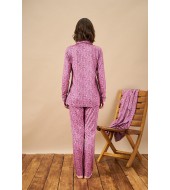 PJS 21822 Kadın Düğmeli Yakalı Desenli Pijama Takım