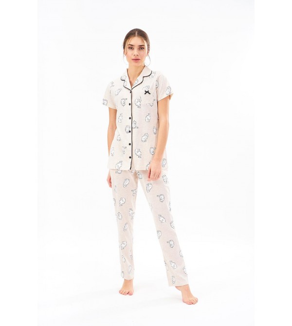 Pjs 22181 Kadın Desenli Düğmeli Pijama Takım