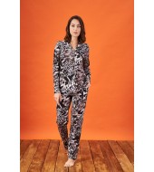 PJS 21841 Kadın Desenli Yakalı Düğmeli Pijama Takım