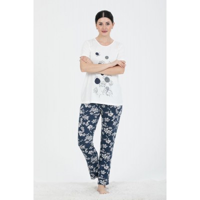 PJS 24227 Kadın Lacivert Gri Çiçek Desenli Kısa Kollu Pijama Takım