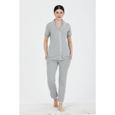 PJS 24243 Kadın Düğmeli Dantel Detaylı Kısa Kollu Pijama Takım